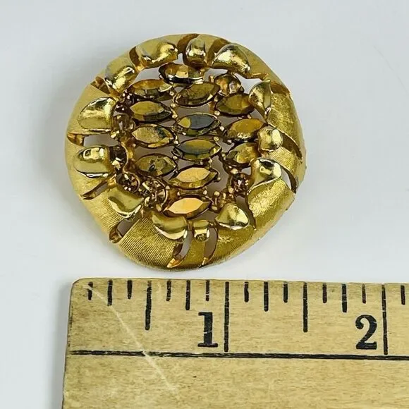 VTG BSK Signed Brown Rootbeer Foiled Textured Gold Tone Birds Nest Brooch - Picture 3 of 5